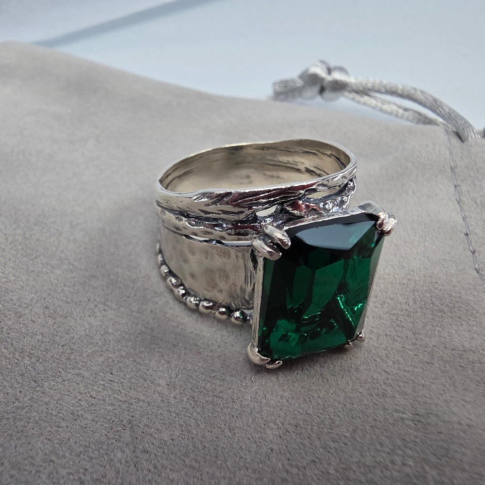 Jean Rachel 925 Sterling Silver‎ Emerald Crystal Octagon Statement Ring Sz 11